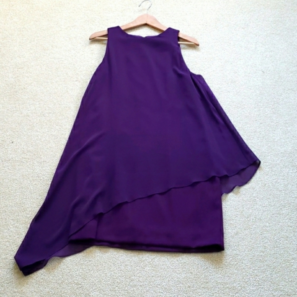Tahari Purple Dress with Asymmetrical Chiffon Sheath. Size 10.